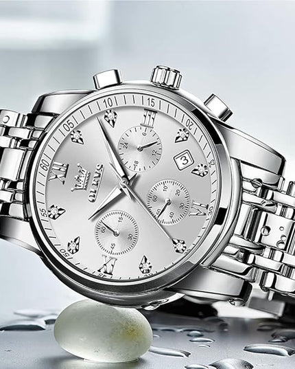 OLEVS Men's Luxury Watch Waterproof Luminous Easy Read Chronograph Watches Full Gold/White Dail/Black Face with Calendar Wristwatch