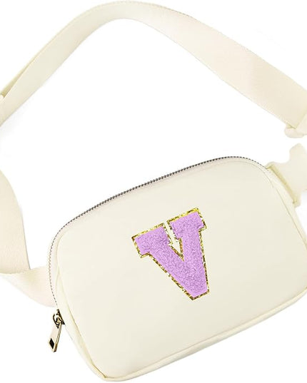 Gitus Gifts for 8 9 10 11 12 Year Old Girls Belt Bag Fanny Pack Crossbody Bags with Initial Letter Patch Cute Stuff Birthday Gifts for Teen Girls Women Personalized Trend Stuff (Ivory-V)