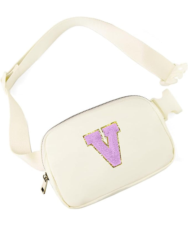 Gitus Gifts for 8 9 10 11 12 Year Old Girls Belt Bag Fanny Pack Crossbody Bags with Initial Letter Patch Cute Stuff Birthday Gifts for Teen Girls Women Personalized Trend Stuff (Ivory-V)