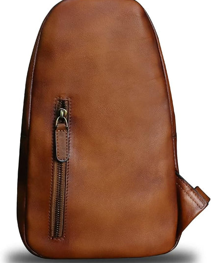 Genuine Leather Sling Bag Crossbody Purse Handmade Hiking Daypack Motorcycle Bag Retro Shoulder Backpack Vintage Chest Bag (Brown)