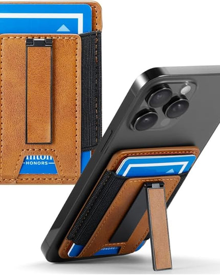 BIAJIYA Phone Wallet Sticky Back with Stand - Holds 6 Cards for iPhone & Samsung, Ultra Thin Leather & Stretch Fabric Card Holder (LiBrown)