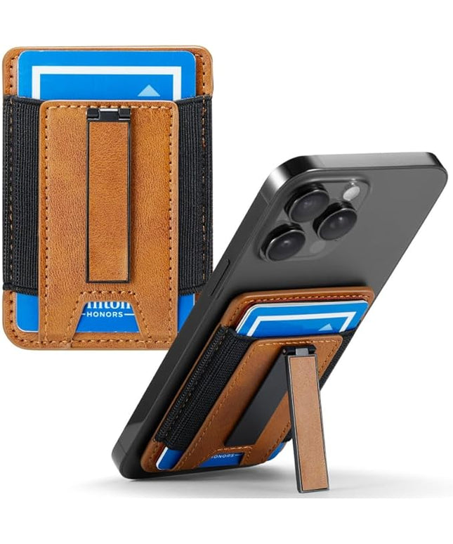 BIAJIYA Phone Wallet Sticky Back with Stand - Holds 6 Cards for iPhone & Samsung, Ultra Thin Leather & Stretch Fabric Card Holder (LiBrown)