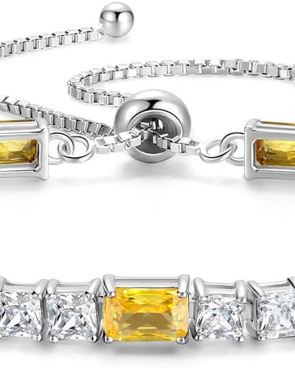 FANCIME Birthstone Bracelet for Women, Sterling Silver 4x6mm Gemstone Tennis Bracelet Bolo Adjustable Chain Fine Jewelry Birthday Gifts for Women Mom Wife Her
