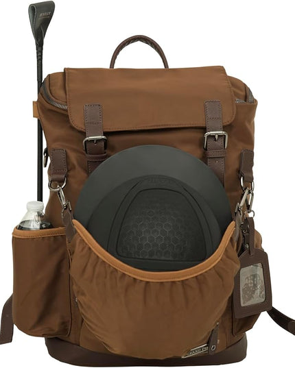 Grand Prix Deluxe Equestrian Backpack, Water-Repellent Riding Gear Bag with Boot Compartment and Organizer Pockets, Brown