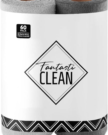 Fantasticlean Microfiber Cleaning Cloth Roll -60 Pack, Tear Away Microfiber Towels, 12" x 12", Reusable, Washable, Scratch Free, Ultra Absorbent for All-Around Cleaning Supplies (Grey & DimGrey)