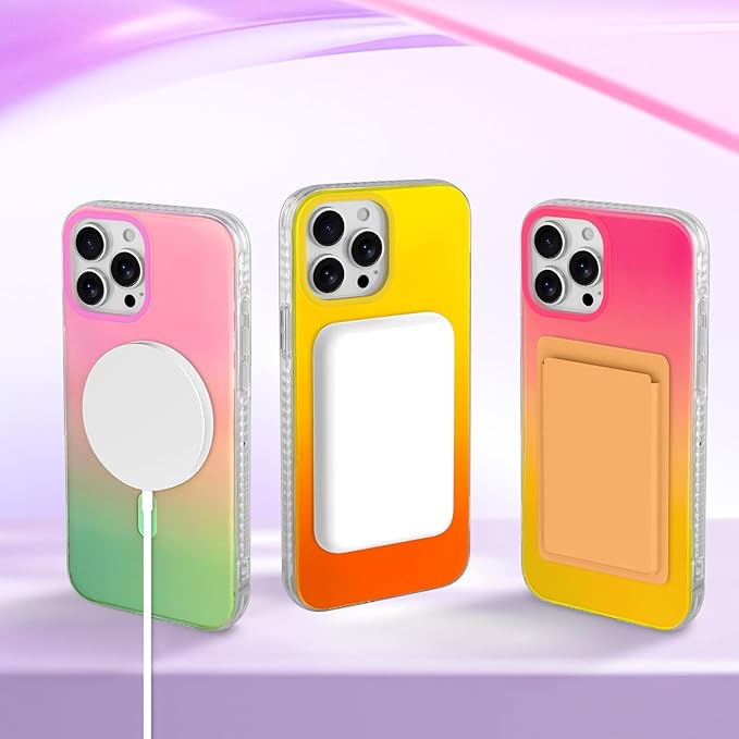 Aesthetic Case for iPhone 15 Pro Case for Women Girls, Compatible with Magsafe, Cute Girly Trendy Glitter Sparkly Rainbow Magnetic Protective Phone Cover, Matte Iridescent Yellow & Orange