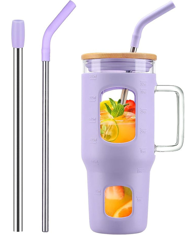 32 oz Glass Tumbler with Straw and Lid, Glass Water Bottles with Time Marker, Silicone Protective Sleeve - Purple