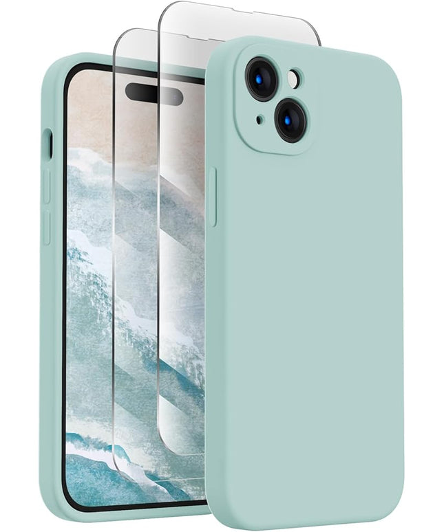 FireNova Designed for iPhone 15 Plus Case, Silicone [Camera Protection] Case with [2 Screen Protectors], Soft Anti-Scratch Microfiber Lining Inside, 6.7 inch, Mint Green