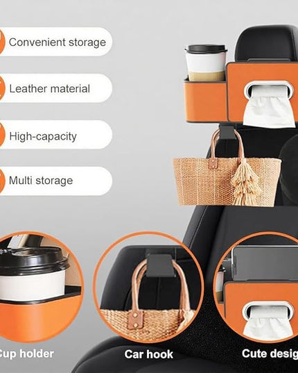 Car Organizers and Storage Box, 4-in-1 Car Back Seat Organizer with Phone Holder, Cup Holders, Tissue Box Dispenser & Storage Hook, Multi-functional Organizer for Phone, Drinks (Orange,Style1)