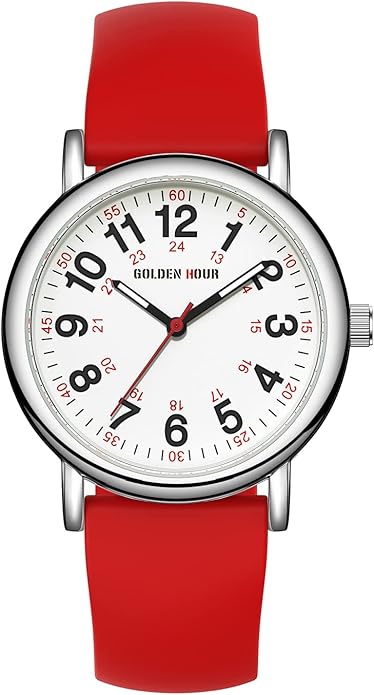 GOLDEN HOUR Waterproof Nurse Watch for Medical Professionals, Students Women Men - Military Time Luminouse Easy Read Dial, 24 Hour with Second Hand, Colorful Silicone Band
