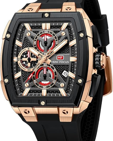 MF MINI FOCUS Men's Watch Analog Fashion Wrist Watch, Skeleton Tonneau Watch for Men with Chronograph,Ideal for Sports Enthusiasts and Daily Wear
