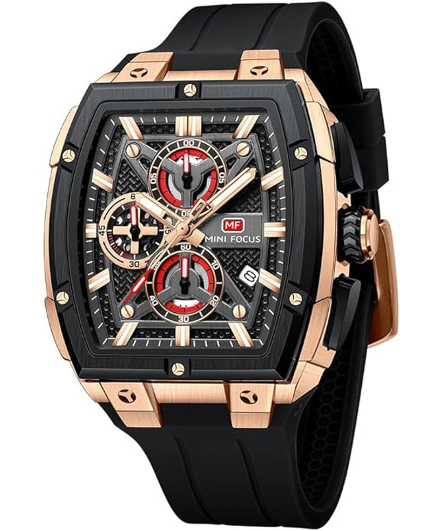 MF MINI FOCUS Men's Watch Analog Fashion Wrist Watch, Skeleton Tonneau Watch for Men with Chronograph,Ideal for Sports Enthusiasts and Daily Wear