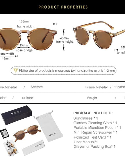 Gleyemor Vintage Polarized Sunglasses for Men Round Sunglasses UV400 Protection Retro Hand-crafted Acetate Frame