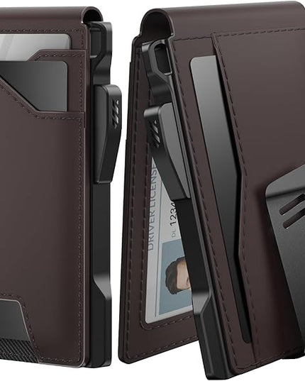 typecase Tactical Wallet for Men Card Holder: Pop Up Card Case, Genuine Leather, Smart, RFID Blocking, Slim, Minimalist, Thin, Front Pocket - 13 Card Capacitiy, ID Window, Money Clip (Dark Brown)