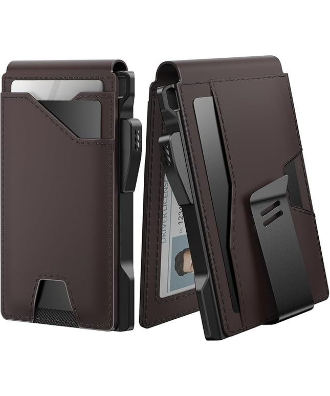 typecase Tactical Wallet for Men Card Holder: Pop Up Card Case, Genuine Leather, Smart, RFID Blocking, Slim, Minimalist, Thin, Front Pocket - 13 Card Capacitiy, ID Window, Money Clip (Dark Brown)