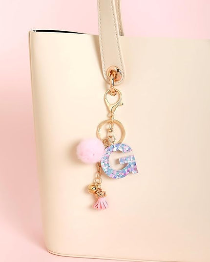 Resin Alphabet Initial Letter Keychain Keyring for Women Purse Handbags With Fur Ball Pom