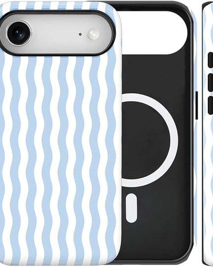 Magnetic for iPhone 17 Air Case Cute Wavy Stripes Phone Case, Shockproof Slim TPU and Hard PC Protective Phone Cover Compatible with MagSafe Designed for Women Girls, Blue