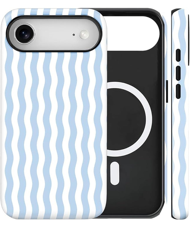 Magnetic for iPhone 17 Air Case Cute Wavy Stripes Phone Case, Shockproof Slim TPU and Hard PC Protective Phone Cover Compatible with MagSafe Designed for Women Girls, Blue