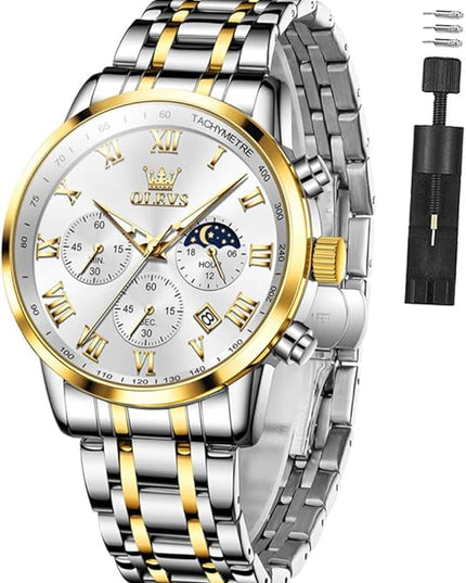 OLEVS Mens Watch Luxury Big Face Stainless Steel Analog Quartz Multifunctional Waterproof Luminous Date Two Tone Fashion Dress Wrist Watches for Man