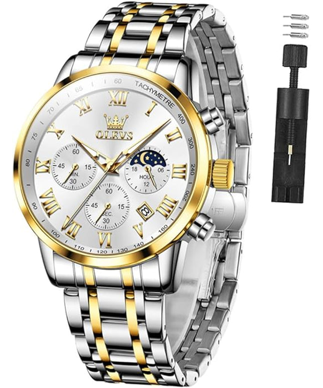 OLEVS Mens Watch Luxury Big Face Stainless Steel Analog Quartz Multifunctional Waterproof Luminous Date Two Tone Fashion Dress Wrist Watches for Man