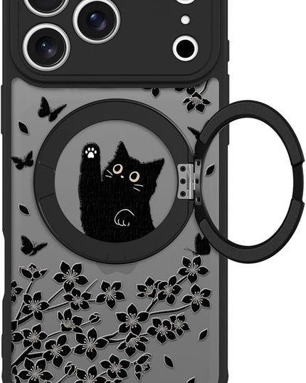 Cute Case for iPhone 17 Pro Max Case with Stand [ Compatible with MagSafe ] Kawaii Black Cat & Floral & Butterflies Pattern Design 360 Magnetic Ring Kickstand Phone Cover for Women Girls Boys