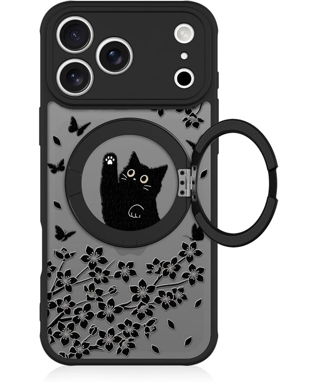 Cute Case for iPhone 17 Pro Max Case with Stand [ Compatible with MagSafe ] Kawaii Black Cat & Floral & Butterflies Pattern Design 360 Magnetic Ring Kickstand Phone Cover for Women Girls Boys