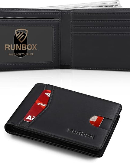 RUNBOX Wallet for Men Slim Leather Bifold RFID Blocking Minimalist Front Pocket Design with Gift Box
