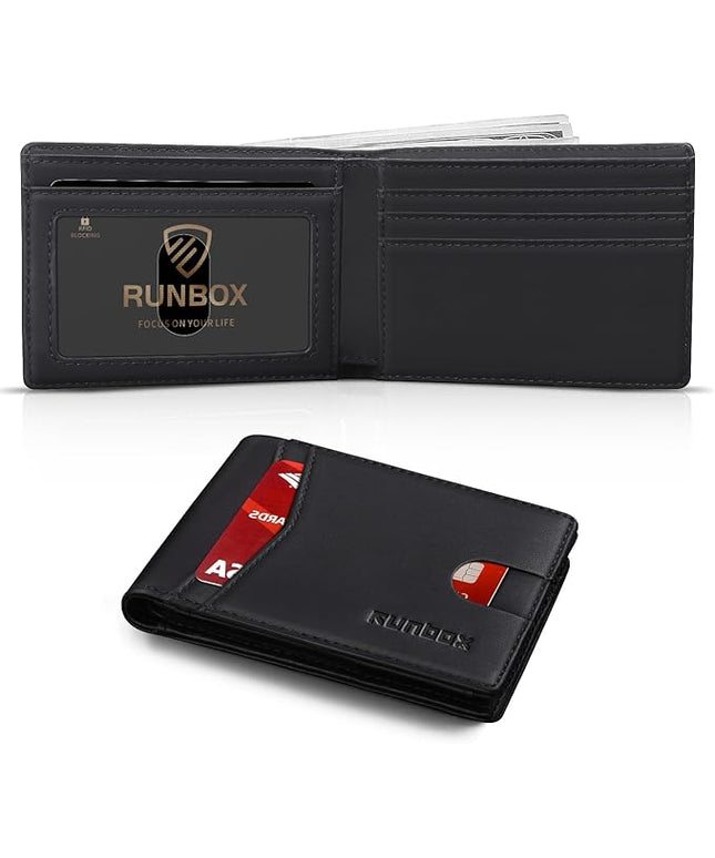 RUNBOX Wallet for Men Slim Leather Bifold RFID Blocking Minimalist Front Pocket Design with Gift Box