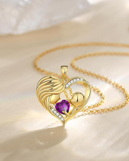 FANCIME Mom Birthstone Necklace Mother and Child Love Heart Necklace I Love You Mom Gifts Mothers Day Birthstone Jewelry Gifts for Grandmother Women Wife, 16"+2" Inches