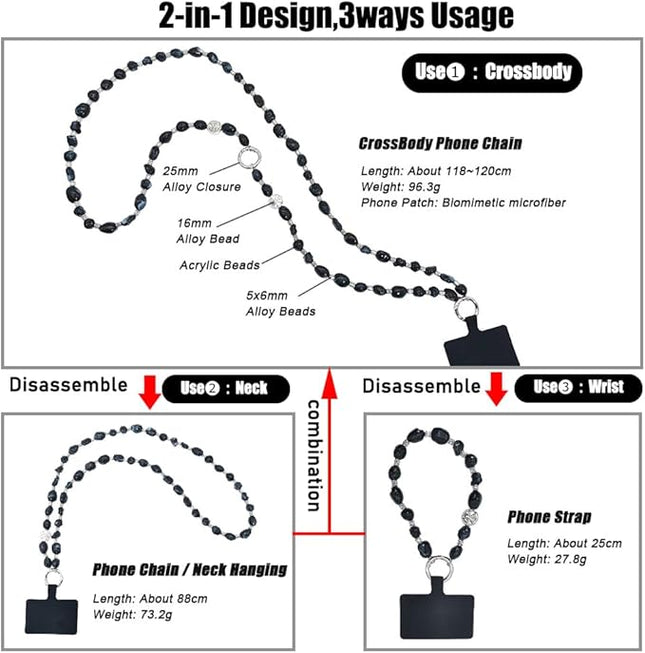 Phone Crossbody Strap, 2in1 Wrist Charm&Shoulder Lanyard,3Ways Usage free to Assembly and Disassembly Phone Strap with Tether Patches for Most Phones Bag Purse (M)