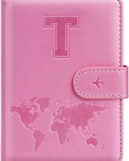 Passport Holder Cover Initail Letter A-Z Travel Wallet Embossed Design RFID Blocking Card Holder Personalized Gift Passport Cover Wallet, Passport Book Holders for Women and Girls, Pink-T