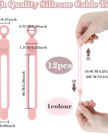 12pcs Pink Silicone Cable Ties, Multipurpose Elastic Cord Organizer for Bundling and Fastening, Office/Home/Kitchen/School/Travel Organization