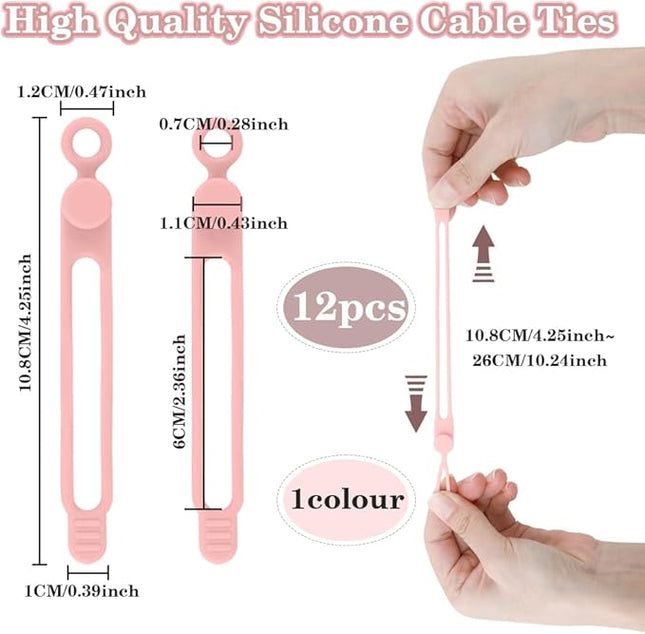 12pcs Pink Silicone Cable Ties, Multipurpose Elastic Cord Organizer for Bundling and Fastening, Office/Home/Kitchen/School/Travel Organization