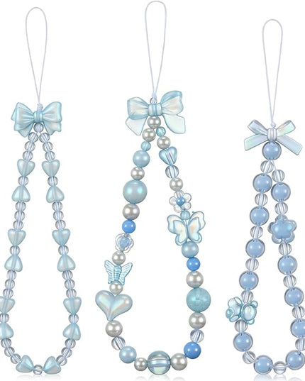 Ecally 3 Pcs Phone Charms Strap Camera Charm Strap Pearl Beaded Butterfly Bow Flower Cute Phone Wrist Lanyard Bracelet for Camera Keychain Wallet Decor Christmas New Year Gifts