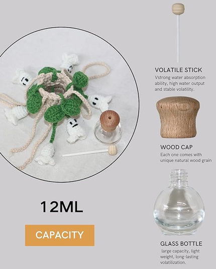 Handmade Crochet Hanging Car Air Freshener - Glow-in-the-Dark Lily of the Valley Plant with 12ml Refillable Essential Oil Diffuser Bottle, Halloween Car Accessories & Bedroom Nightlight Decor