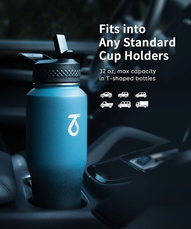 Trebo 32oz Insulated Water Bottle that Fits in Cup Holder, Stainless Steel Double Wall Tumbler Flask Bottles with Paracord Handle, with Straw Spout Lids, Keep Cold for 48 Hrs/Hot 24 Hrs,Indigo/Black