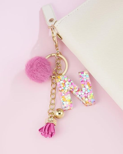 Resin Alphabet Initial Letter Keychain Keyring for Women Purse Handbags With Fur Ball Pom