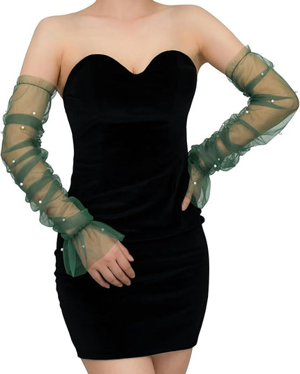 Women's Long Bridal Wedding Tulle Glove Mesh Fingerless Gloves Pearl 1920 Opera Tea Party Sheer Gloves