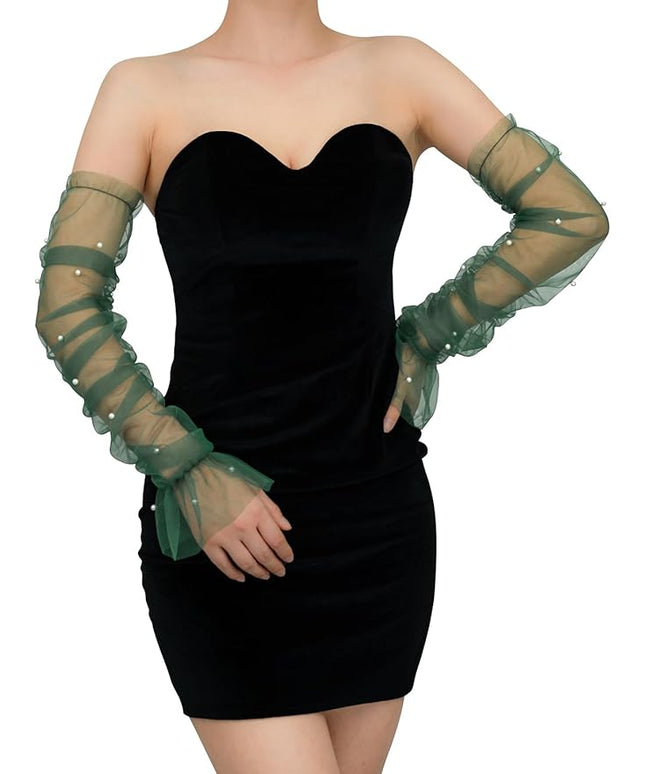 Women's Long Bridal Wedding Tulle Glove Mesh Fingerless Gloves Pearl 1920 Opera Tea Party Sheer Gloves