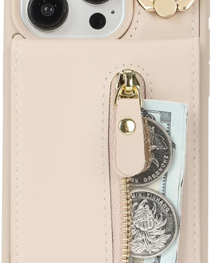 for iPhone 15 Pro Wallet Case with Card Holder, for iPhone 15 Pro Case Wallet with Strap Credit Card Slot, Crossbody Bag with Zipper Case for iPhone15 Pro - Warm White