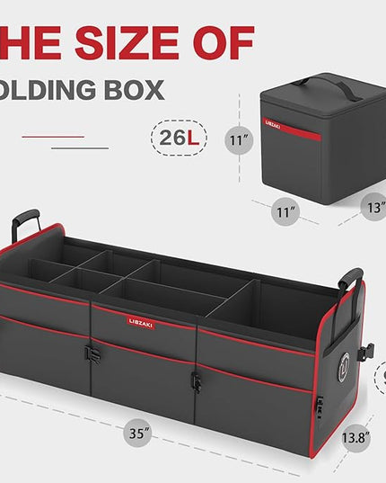 LIBZAKI Car Trunk Organizer,3 Compartments Big Trunk Storage, Large Capacity, Foldable, 95L Heavy Duty Storage Box for Car, SUV, Truck,Jeep, Includes 26L Cooler Bag-Black