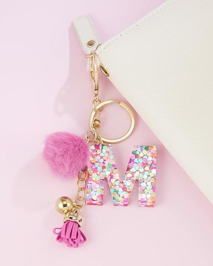 Resin Alphabet Initial Letter Keychain Keyring for Women Purse Handbags With Fur Ball Pom