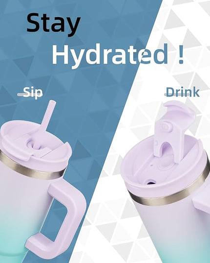 40 oz Tumbler with Handle and 2 Straws,2 in 1 Lid Insulated Water Bottle Stainless Steel Travel Coffee Mug,Lavender Green