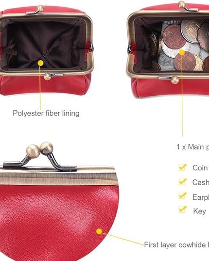 Plinvo Mini Genuine Leather Coin Purse for Women Vintage Kiss Lock Change Organizer Blue (Red)