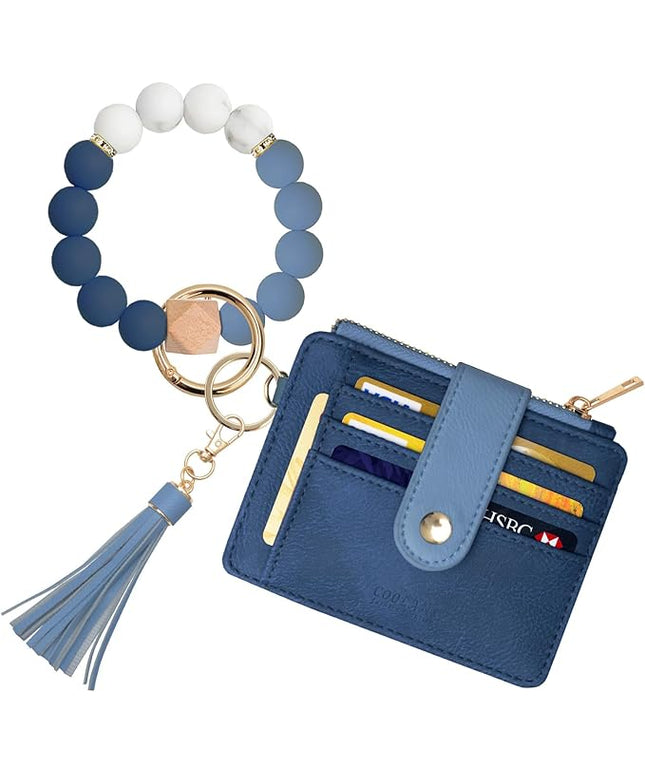 COOLANS Silicone Bracelet Wristlet Wallet Credit Card Holder RFID,ID Window,Key Ring Tassel,Slim Wallet Women Keychain Purse