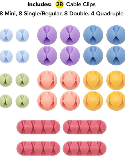 Wrap-It Storage Cable Clips - (Assorted 28-Pack) Macaron - Desk and Nightstand Cable Holder for Phone and Bedside Table Cord Organizer