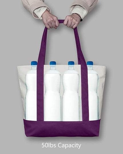 TOPDesign 6-Pack Canvas Tote Bags with an External Pocket, Reusable Grocery Shopping Bags, Top Zipper Closure, Daily Essentials (Purple/Natural)