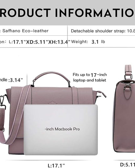 EaseGave Women's 17 Inch Laptop Briefcase, Vintage Purple Saffiano Eco-leather, Multi-Compartment, 3 lb Weight Capacity