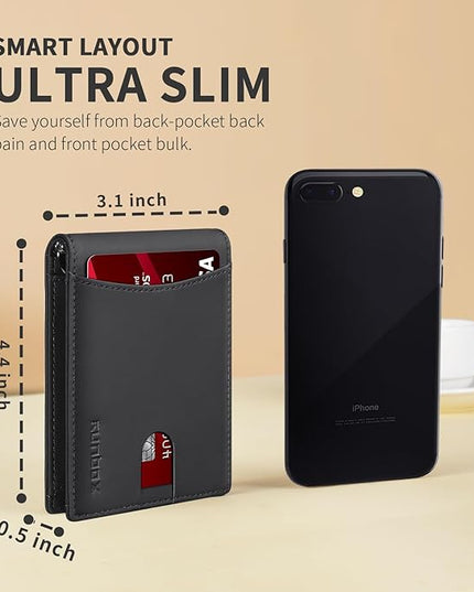 RUNBOX Slim Wallet for Men Genuine Leather RFID Blocking Bifold Minimalist Front Pocket Mens Wallet with Money Clip Thin Gift Box