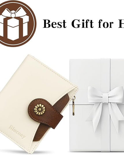 Blucoay Womens Wallet,RFID Blocking Wallet Women Soft Leather Bifold Small Wallets For Women Card Holder With Removable ID Window(whitebrown)